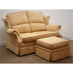  Three seat sofa, upholstered in chenille cover (W180cm) a matching two seat sofa (W150cm) and matching footstool   