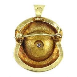 14ct textured and polished gold single stone diamond pendant/brooch, stamped 585