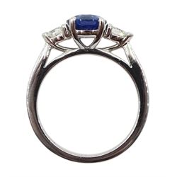 Platinum round Ceylon sapphire and pear shaped diamond three stone ring, hallmarked, sapphire approx 1.50 carat