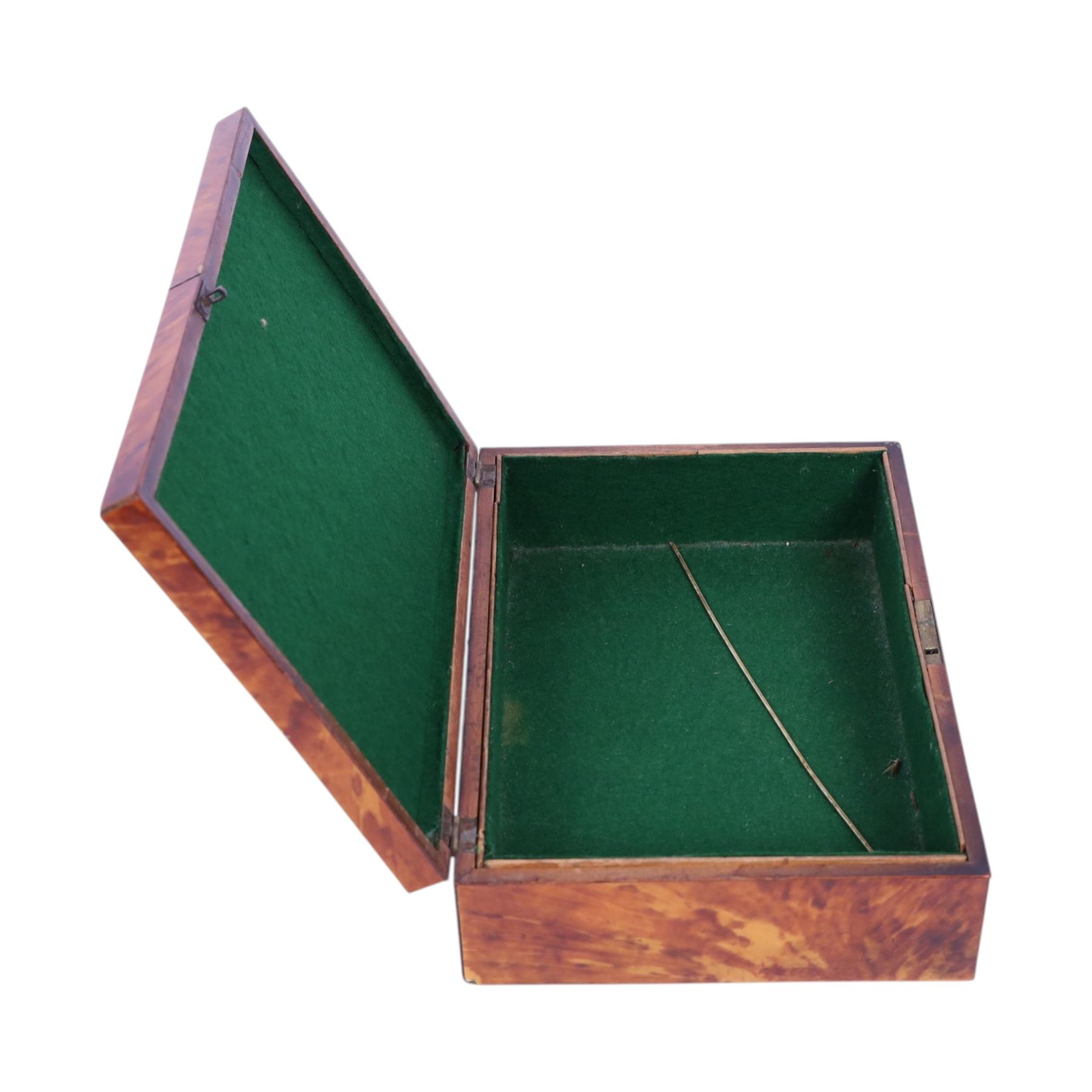 Regency blond tortoiseshell veneered box, the hinged lid with inlaid white metal and central cartouche, H7cm, L26cm