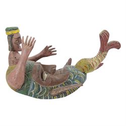Carved folk art mask, modelled as a merman, hand painted, H50cm 