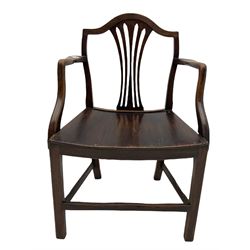 19th century oak and elm elbow chair, fret work splat and dished plank seat (W59cm), and two 19th century elm and oak side chairs
