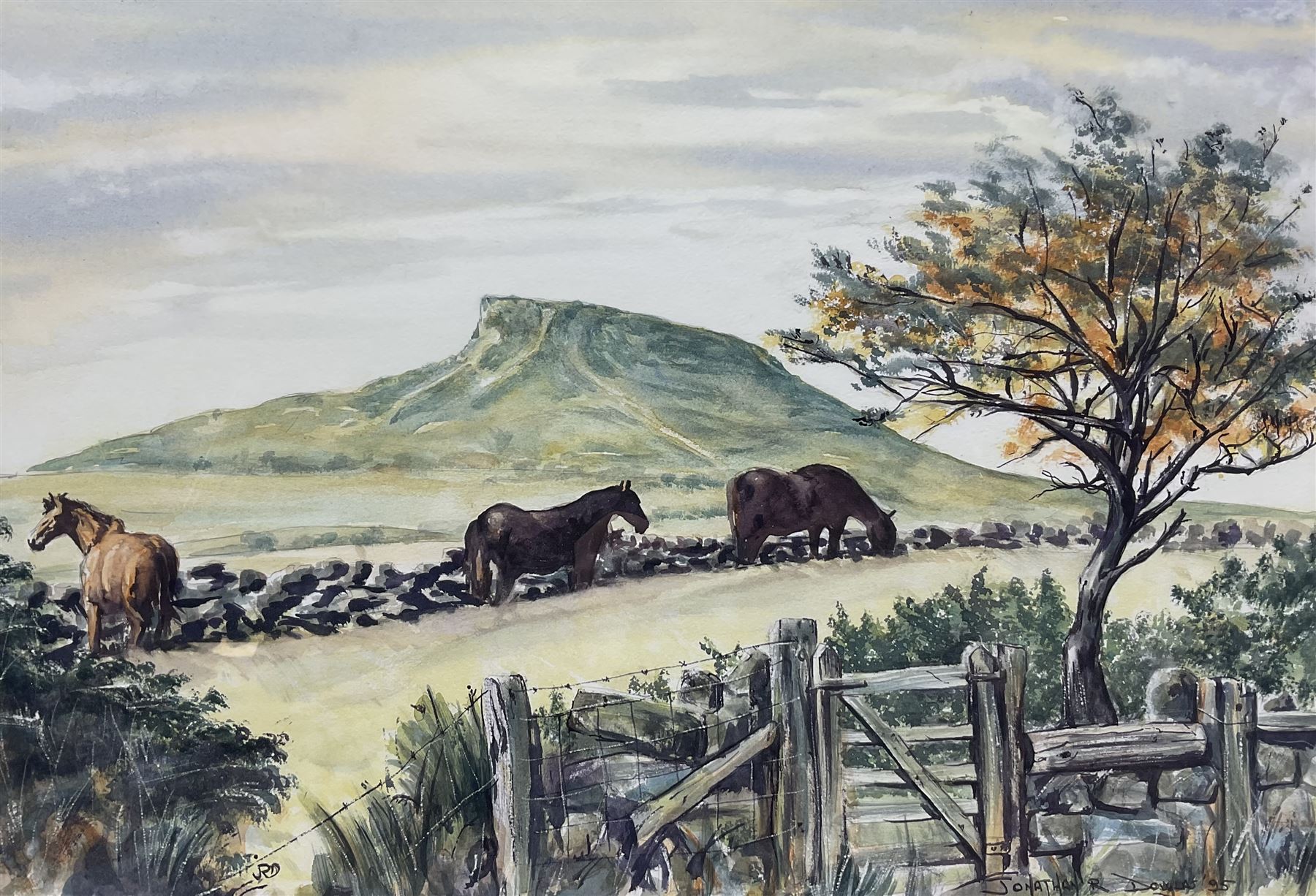Jonathan R Douglas (Welsh Contemporary): Horses Grazing on a Hilltop, watercolour signed and dated '95, 36cm x 52cm