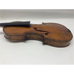 Late 19th century German trade violin c1890 with 36cm two-piece birds-eye maple back, neck and ribs and spruce top; bears label 'Manufactured in Berlin Special Copy of Nicolaus Amati' L59.5cm; in carrying case