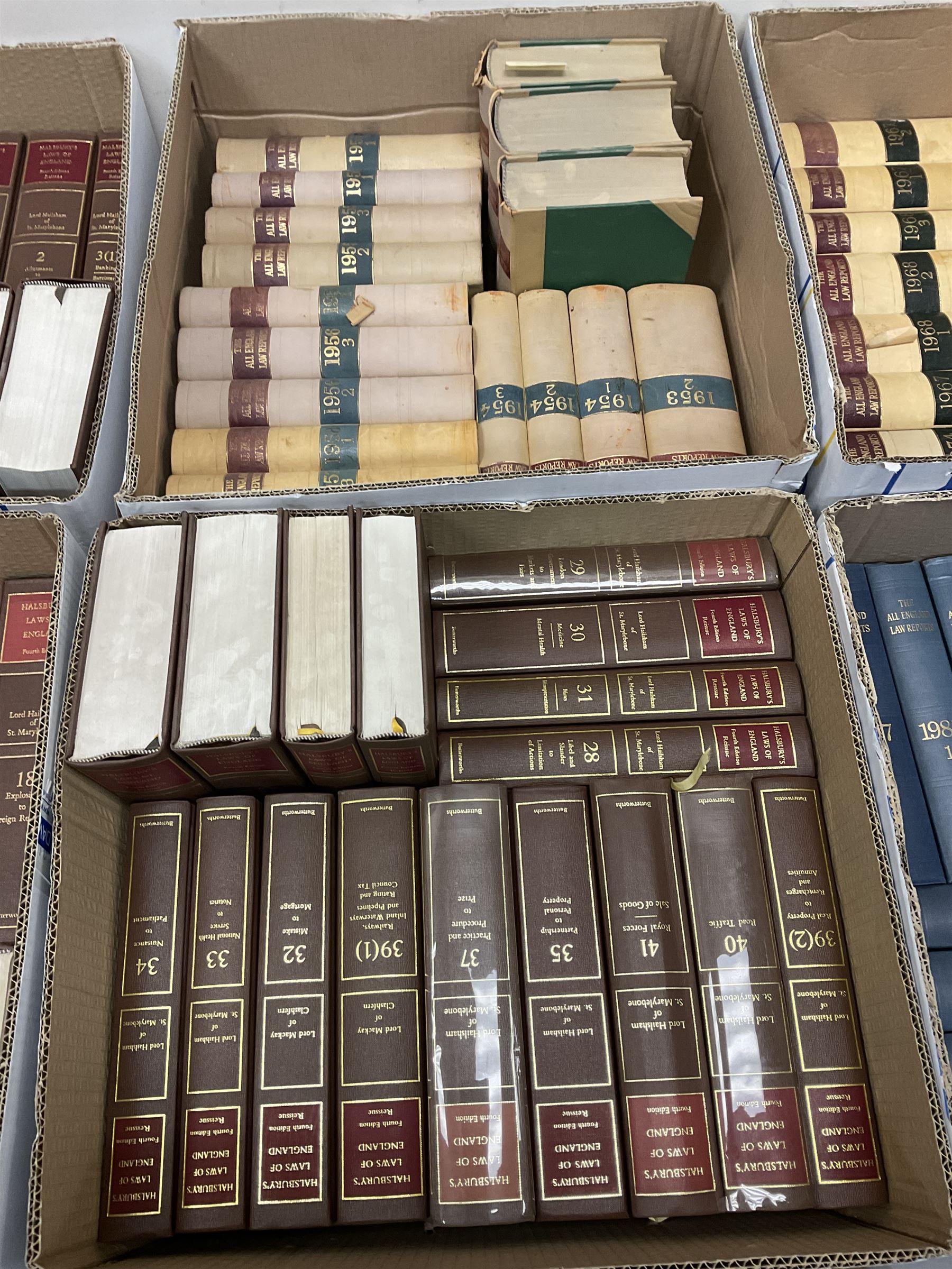 Large collection of law books, to include Halsbury’s Statutory Instruments, Atkin’s Court Forms, Halsbury’s Laws of England etc, in fourteen boxes  