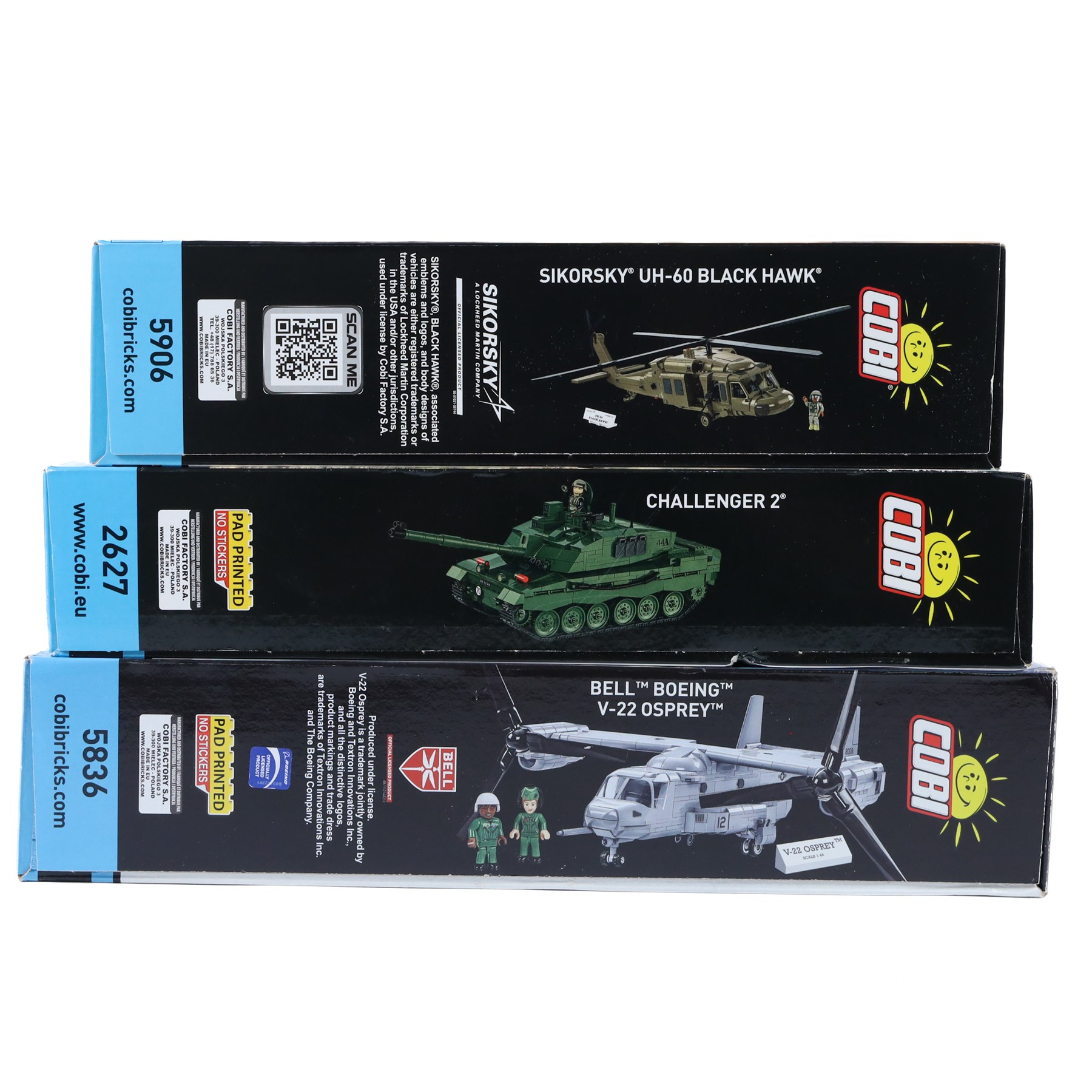 Three Cobi Bricks Armed Forces sets, comprising 1:32 scale no. 5906 Sikorsky UH-60 Black Hawk, 1:35 scale no. 2627 Challenger 2 and 1:48 scale no. 5836 Bell Boeing V-22 Osprey, all in sealed boxes