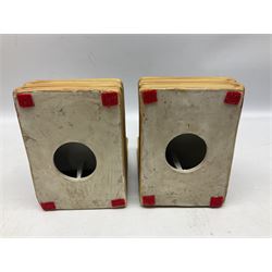 Pair of 20th century Chinese figural bookends, modelled as children in traditional blue dress sat reading and kneeling upon stacks of books, H22cm