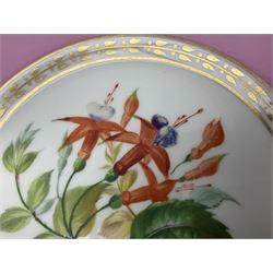 Victorian Copeland, Botanical dessert service, decorated with floral sprigs to the centre with a pink and gilt border, comprising five comports and seven plates, largest comport H20cm, plate D22cm