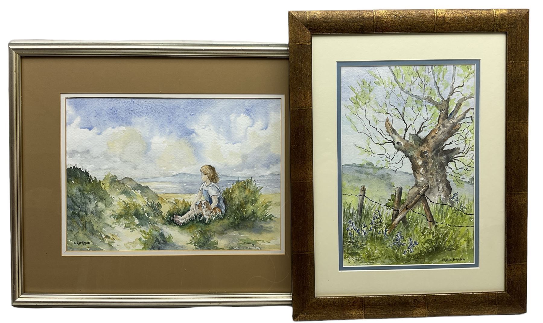 Ken Johnson and Sheila Johnson collection (British 20th century): 'Lincolnshire Landscape - Tetford', watercolour, Moorland and Dales Landscape, pair oils on board signed, The River Esk and Yorkshire Village, two oils on board the latter signed, Ancient Tree with Bluebells and 'Reflection - Northumberland', two watercolours signed (7)