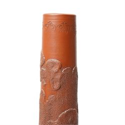 Pair of Chinese redware vases in the Yixing style, early 20th century, decorated with dragons among clouds, one bearing impressed marks to base, H30cm (2)