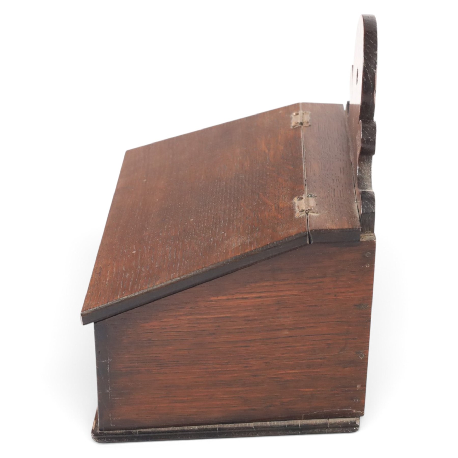 19th oak candle box, of rectangular form with hinged lid, the front with inlaid heart decoration, H25cm  