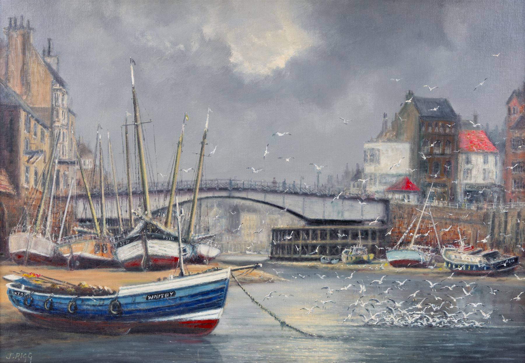 Jack Rigg (British 1927-2023): Cobles and Seagulls in Whitby Harbour, oil on canvas board signed 45cm x 65cm