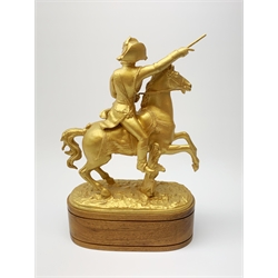 Gilt painted spelter figure of Napoleon Bonaparte on rearing horse, mounted on a later fruitwood base with titled plaque H35cm