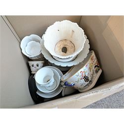 Three boxes of mixed porcelain planters, pots, jardenieres, stands, etc Provenance: from the Kirkham Hall estate.