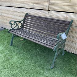 Cast iron and wood slated garden bench painted in green and brown  - THIS LOT IS TO BE COLLECTED BY APPOINTMENT FROM DUGGLEBY STORAGE, GREAT HILL, EASTFIELD, SCARBOROUGH, YO11 3TX