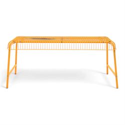 Ikea - 'Vasteron' 1990's orange metal bench, wireframed seat with tubular metal supports 
