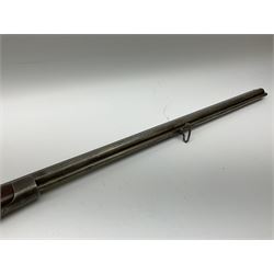 19th century continental 20-bore single barrel percussion musket with 85.5cm barrel inscribed K.D.L.No.1855, raised rib and full length ramrod pipe with original ramrod, engraving to lock and rear end of barrel, stained ash half length cheek stock with inset hinged compartment for ball/cap, chequered pistol grip and fore-end and two swivel sling hooks, L127cm overall