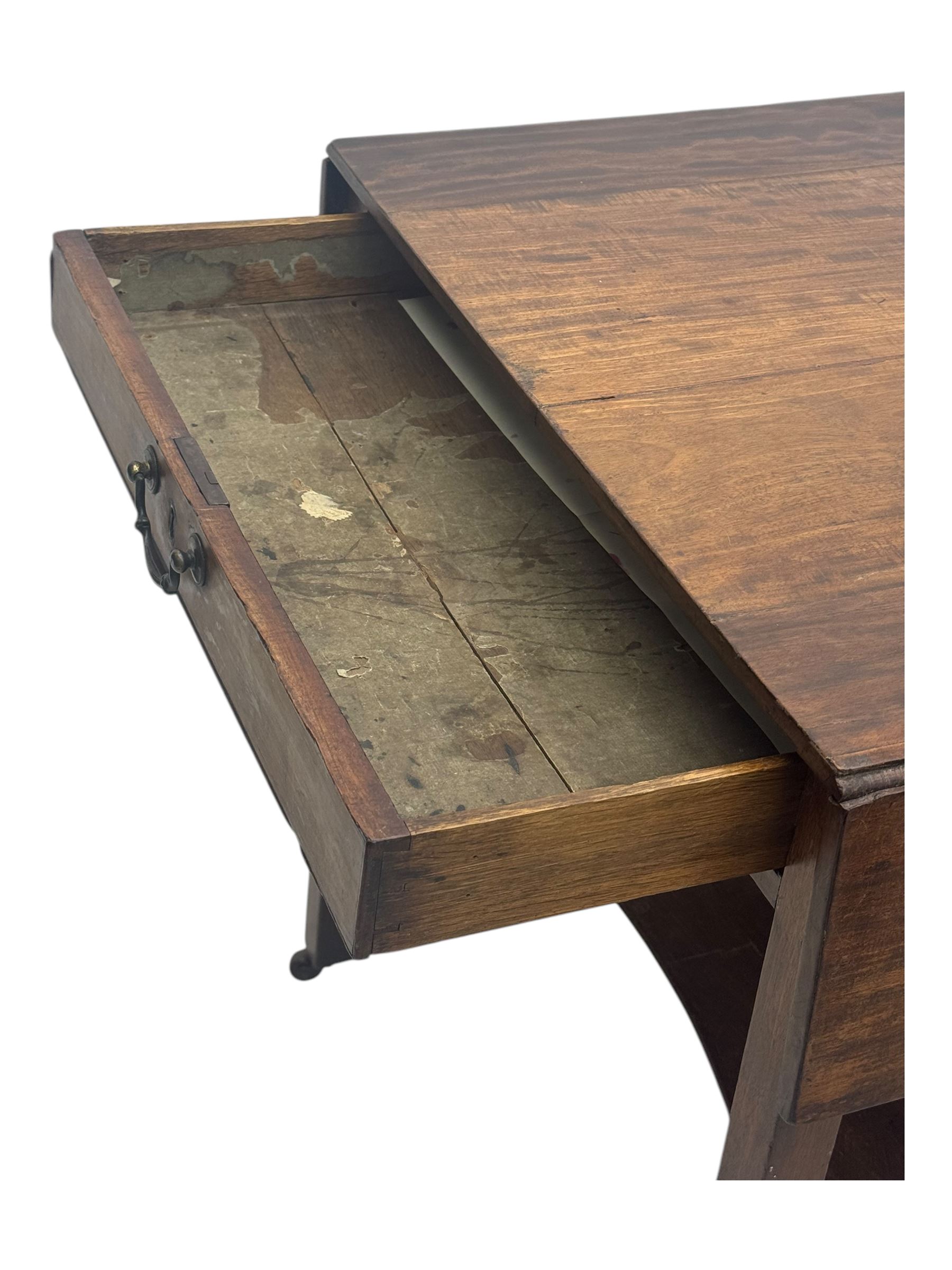 Georgian design mahogany drop-leaf table, rectangular top above a single drawer with brass handle, square supports united by arched undertier, on brass castors (W62cm, D65cm, H72cm); and a smaller mahogany drop-leaf table with single drawer on turned supports (W43cm, D61cm, H72cm)