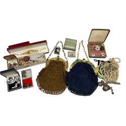 Two 1930's beaded bags with moulded celluloid clasps and chains, together with a collection of costume jewellery including a Royal Crown Derby brooch and earrings