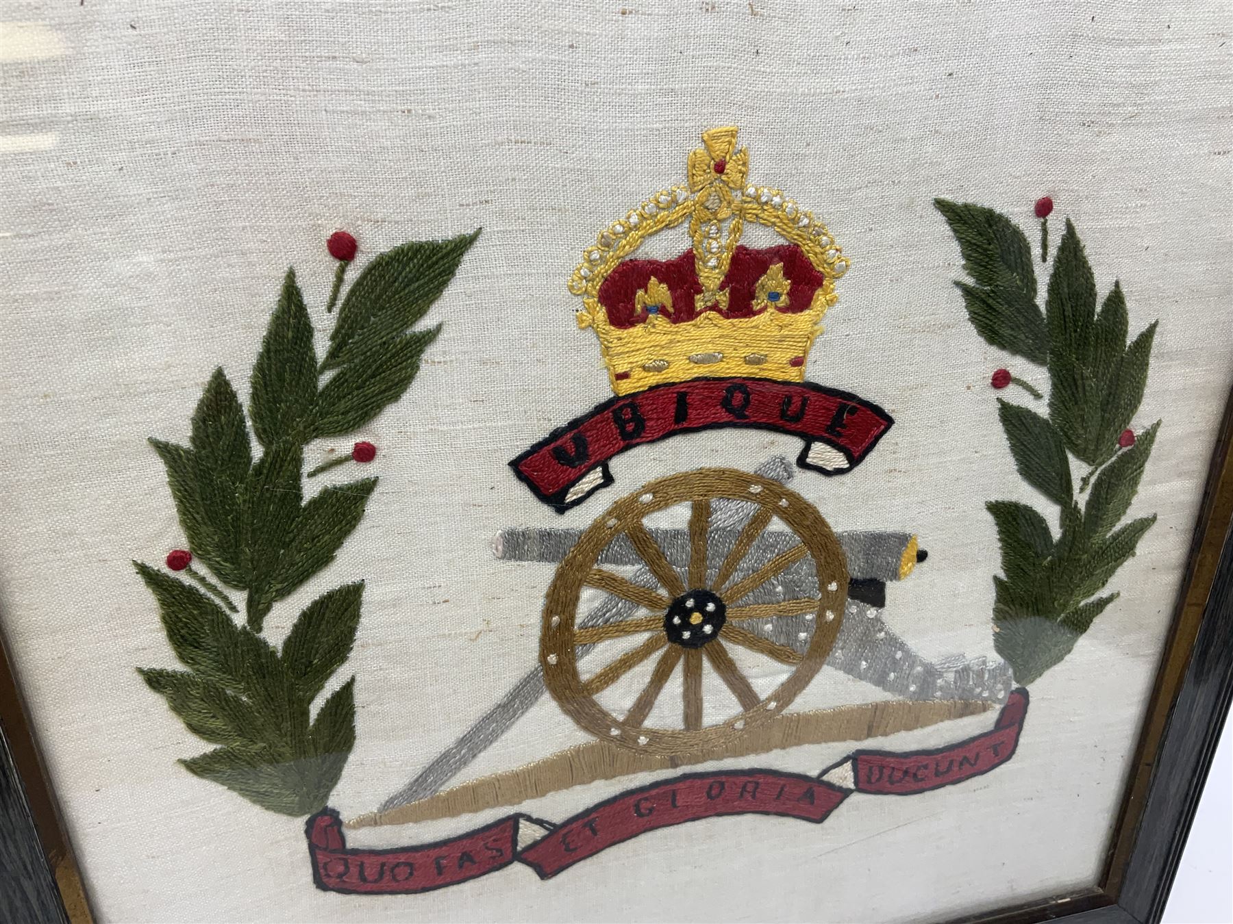 Embroidered framed panel, with the heraldic crest for Royal Regiment of Canadian Artillery, H44cm, W44cm
