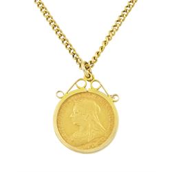 Queen Victoria 1901 gold half sovereign coin, loose mounted in 9ct gold pendant mount,hallmarked, on gilt chain