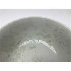 Pair of Chinese famille jaune bowls, decorated in green enamel with a dragon chasing a flaming pearl amongst clouds, upon a yellow ground, the interior decorated to centre with dragon, with six character mark beneath, D17.5cm