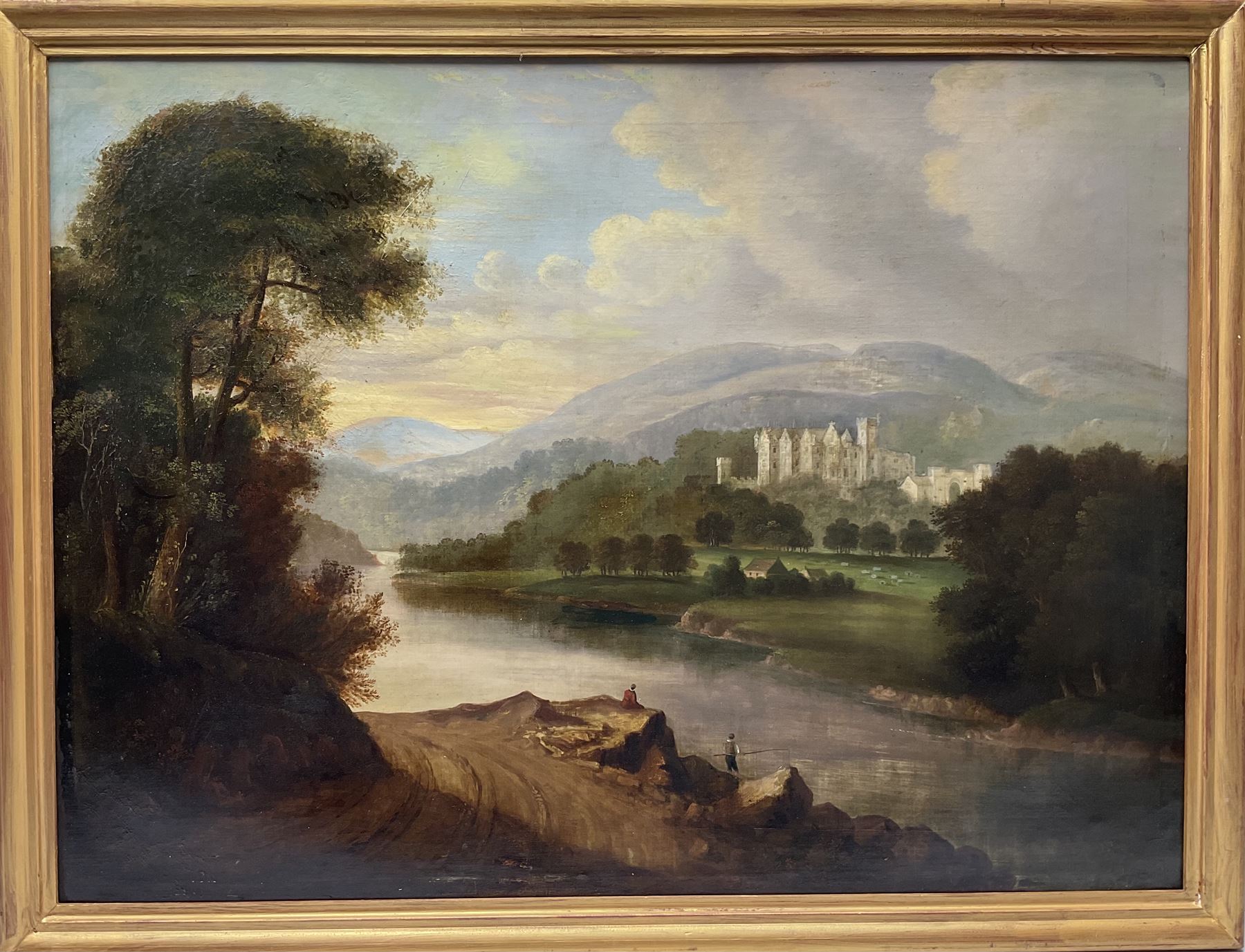 Circle of Horatio McCulloch (Scottish 1805-1867): Fisherman on the Banks of River Dee with Balmoral Castle in the distance, oil on canvas unsigned 66cm x 90cm