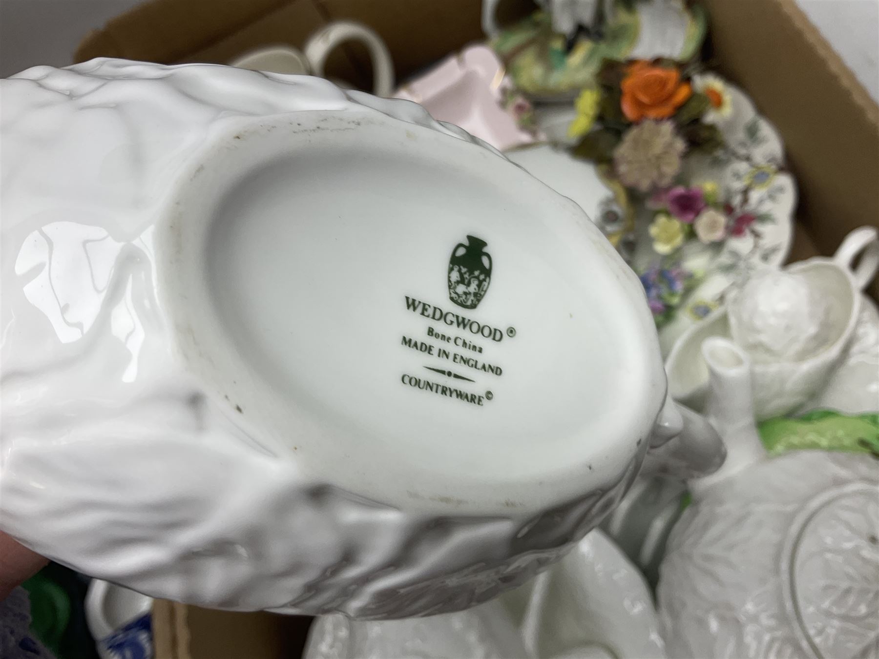 Wedgwood and Coalport 'Countryware' pattern ceramics, to include teapot, toast rack, napkin rings, jug, oval dish, sauce boat and saucer, etc, together with other ceramics to include Hornsea Fauna vase, Sylvac Apple Blossom pattern bowl, Sylvac jug in the form of a sack, no. 406, two Nao figures, tea wares, silver plated cutlery etc