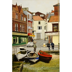Tom S Hoy (British 20th century): 'Sandside' Scarborough, acrylic on board signed, titled verso 45cm x 29cm