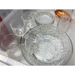 Three boxes of glassware to include mid 20th century drinking glasses with geometric and banded coloured decoration, French bowls, carnival glass, Stuart drinking glasses, etc