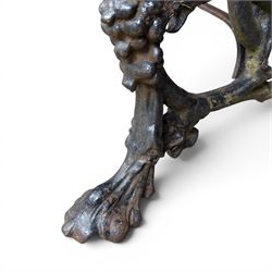 Victorian revival Coalbrookdale 'Dog and Serpent' pattern heavy cast iron garden bench, grape vine detail, joined with eight hardwood slats, finished in black paint