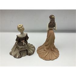 Eight Coalport figures of ladies, comprising five Age of Elegance examples to include Richmond Park, Summer Saunter and Touch of Spring, together with Beau Monde Isobel 1998, Valentine Debutante Eternity and Devotion