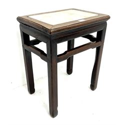 19th century Chinese rosewood table with inset marble top, square tapering supports and shaped perimeter stretcher 