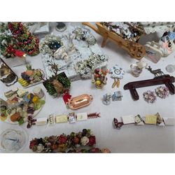 Dolls house conservatory and garden accessories, including sofa and chairs, trees, plants, paintings, Christmas decorations, etc 