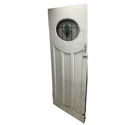 1930s external door with stained leaded glass panel (86cm x 203cm), six small stained glass windows in wooden frames (W52cm); and various loose stained leaded glass panels