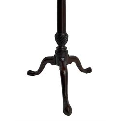 19th century mahogany tripod table, scalloped or cusped dish tilt-top, on turned column with twist carved baluster, three splayed supports with pointed pad feet