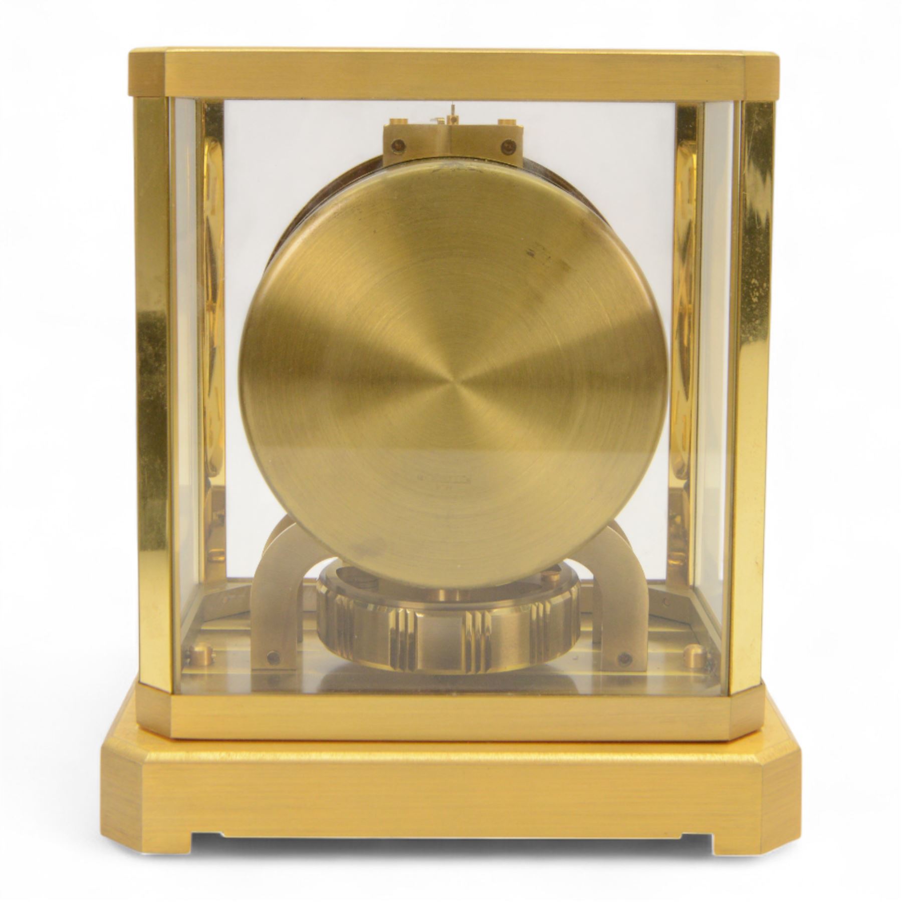 Jaeger-LeCoultre Atmos Clock - Caliber 528-6, 
gold-plated brass with glass panels, 15 jewel movement with atmospheric bellows winding motor, serial number 161881, circa 1960s, with engraved presentation plaque for W.W. Clayton, Canton Golf Club, 1964, in maker's box with instruction booklet, minute hand detached, H23.5xW21xD16cm