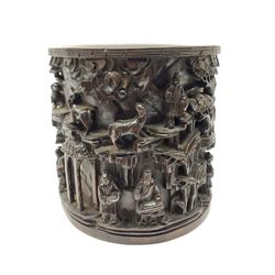 Large late 18th/early 19th century Chinese Zitan brush pot, depicting The Gathering at the Orchid Pavilion, carved in high relief with figures in various pursuits and animals upon rocky ledges, interspersed with pine trees, bamboo, pagodas and auspicious clouds, H20cm D20cm