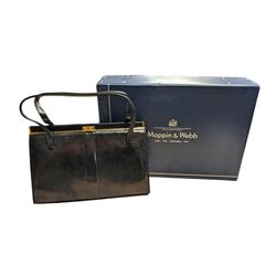 Vintage Mappin & Webb black lizard skin handbag and matching wallet, boxed