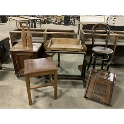 Continental walnut bedside/lamp cabinet, dressing mirror, pine wall cupboard, bentwood chair, fall front coal box, Yorkshire oak stool and two pine skittles (8) - THIS LOT IS TO BE COLLECTED BY APPOINTMENT FROM THE OLD BUFFER DEPOT, MELBOURNE PLACE, SOWERBY, THIRSK, YO7 1QY