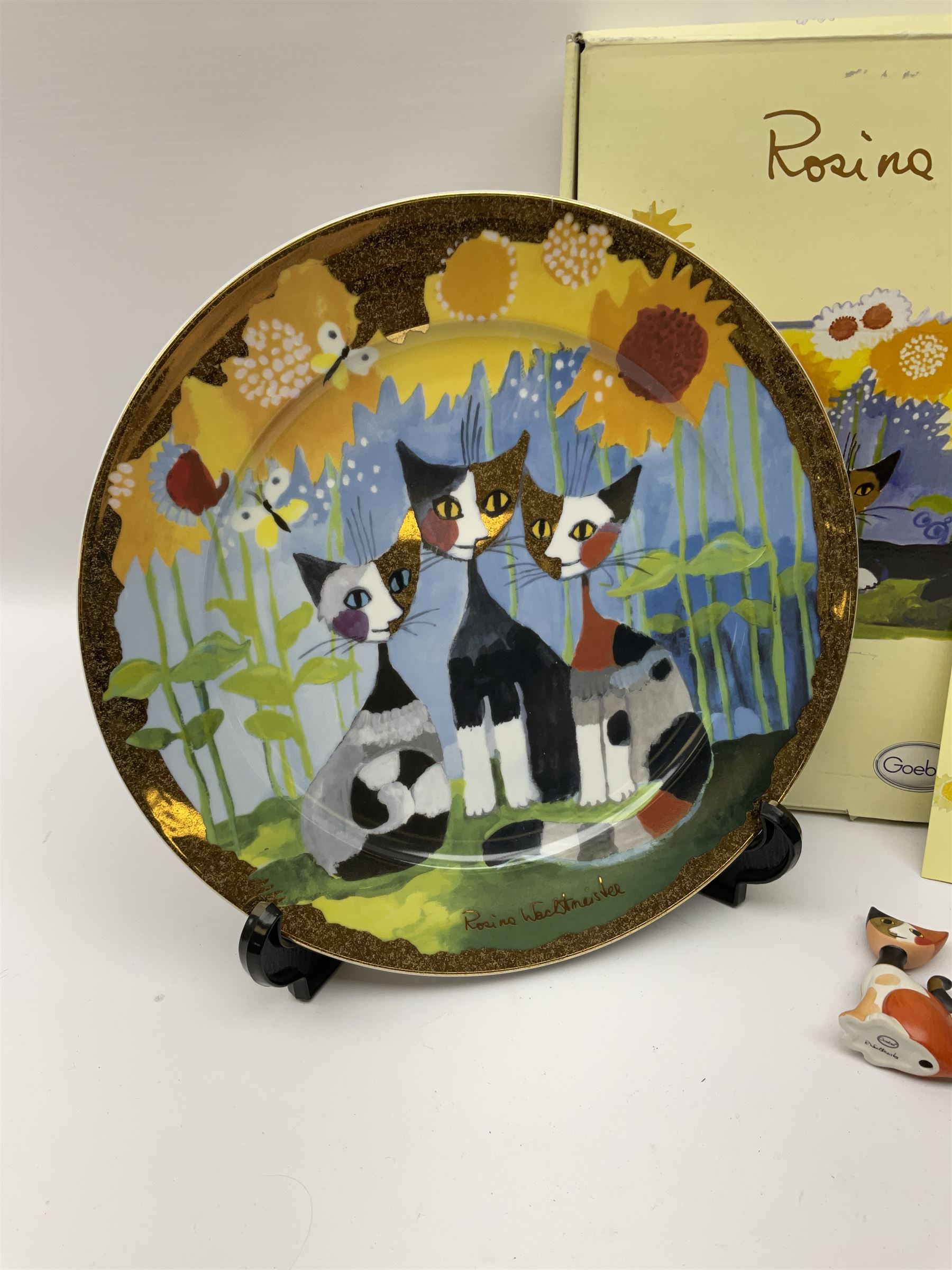 Goebel Rosina Wachtmeister cat figure and plate, both with original box, cat H8cm