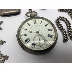 Edwardian silver open faced lever pocket watch, with subsidiary seconds dial, by WE Watts Nottingham, hallmarked William Ehrhardt, Birmingham 1906, together with a silver Albert chain, silver tiger's eye unicorn fob, and a silver vesta case with double sided fob, all hallmarked 