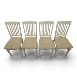 Contemporary Oak fold-over leaf dining table and four chairs, square top extending to a rectangular top 200cm, four white dining chairs with upholstered and padded seats