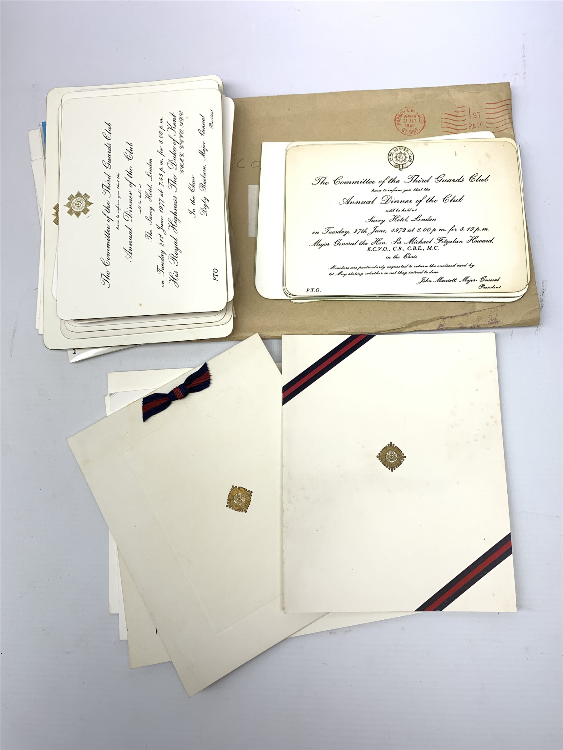 Scots Guards - ten copies of The Scots Guard Magazine, complete run 1964-73; twenty-eight copies of Scots Guards/Third Guards Club Annual Report, complete run 1947-74; A Short History of the Scots Guards. Two volumes. 1642-1962 and 1642-82; Famous Regiments - The Scots Guards; and quantity of invitations to various annual dinners, Buckingham Palace garden parties etc