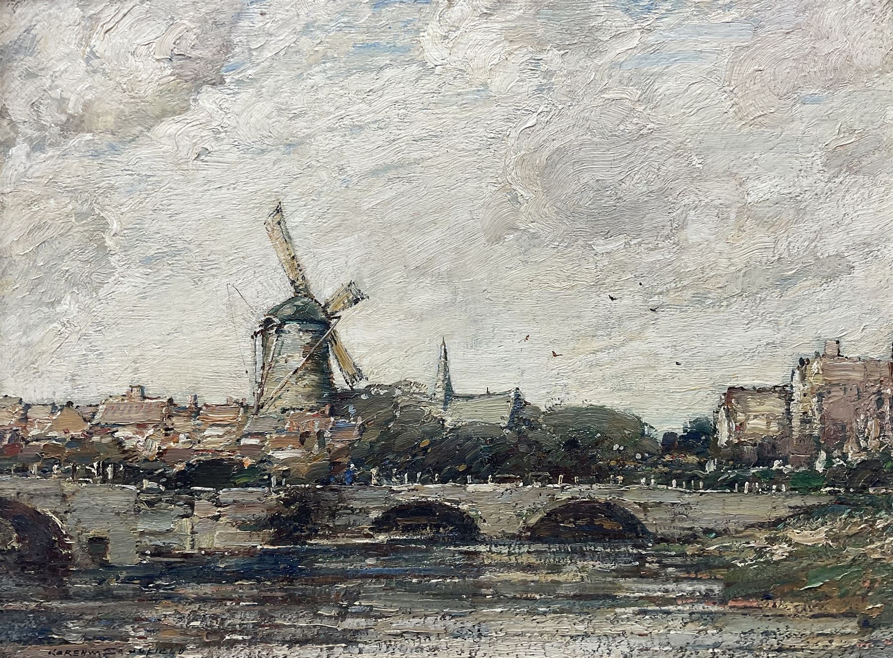 Kershaw Schofield (British 1872-1941): Dutch Bridge and Windmill, oil on panel signed 38cm x 51cm