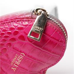 Osprey London - small heart-shaped coin zip purse, in pink mock-crocodile embossed leather, with gold-tone hardware