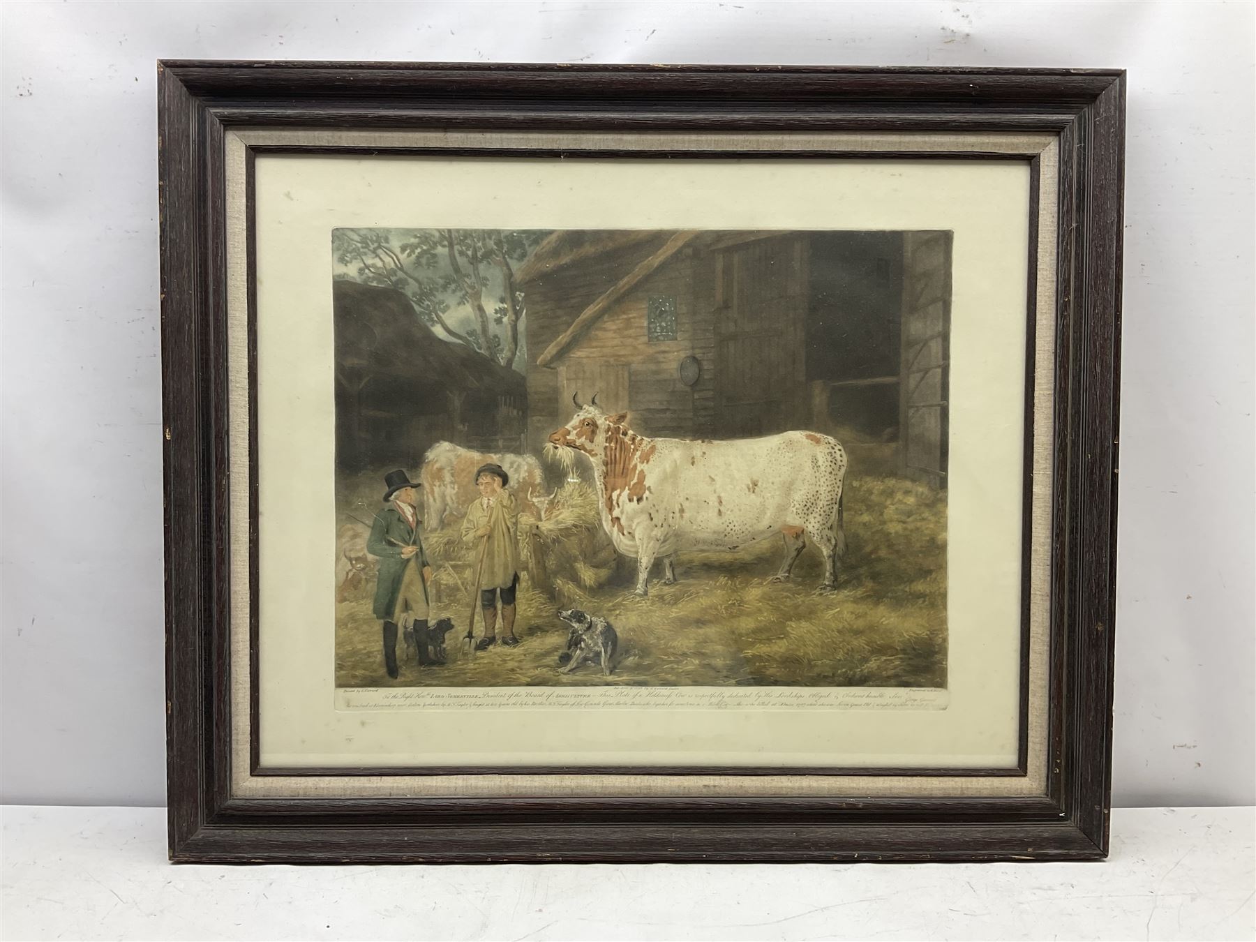 William Ward (British 1766-1826) after George Garrard (British 1760-1826): 'To the Right Hon Lord Somerville President of the board of Agriculture this plate of a Holderness Cow...', mezzotint with hand colouring pub. 1978, 47cm x 61cm