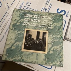 Collection of vinyl LP records in four boxes, mainly Jazz and Classical including Piano Rags by Scott Joplin, Sarah Vaughn, Duke Ellington and His Orchestra and Louis Armstrong, etc