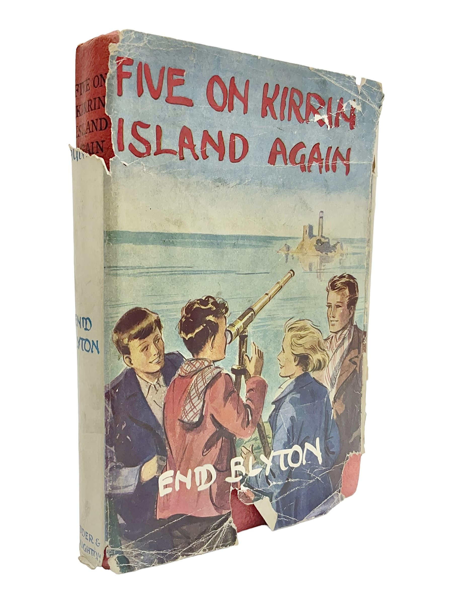 Blyton Enid: Five on Kirrin Island Again, first edition, Hodder & Stoughton, 1947, colour frontispiece, tinted plates and plain illustrations to text, pictorial endpapers, original red boards lettered in black in dust jacket (6/-, with telescope the wrong way round)