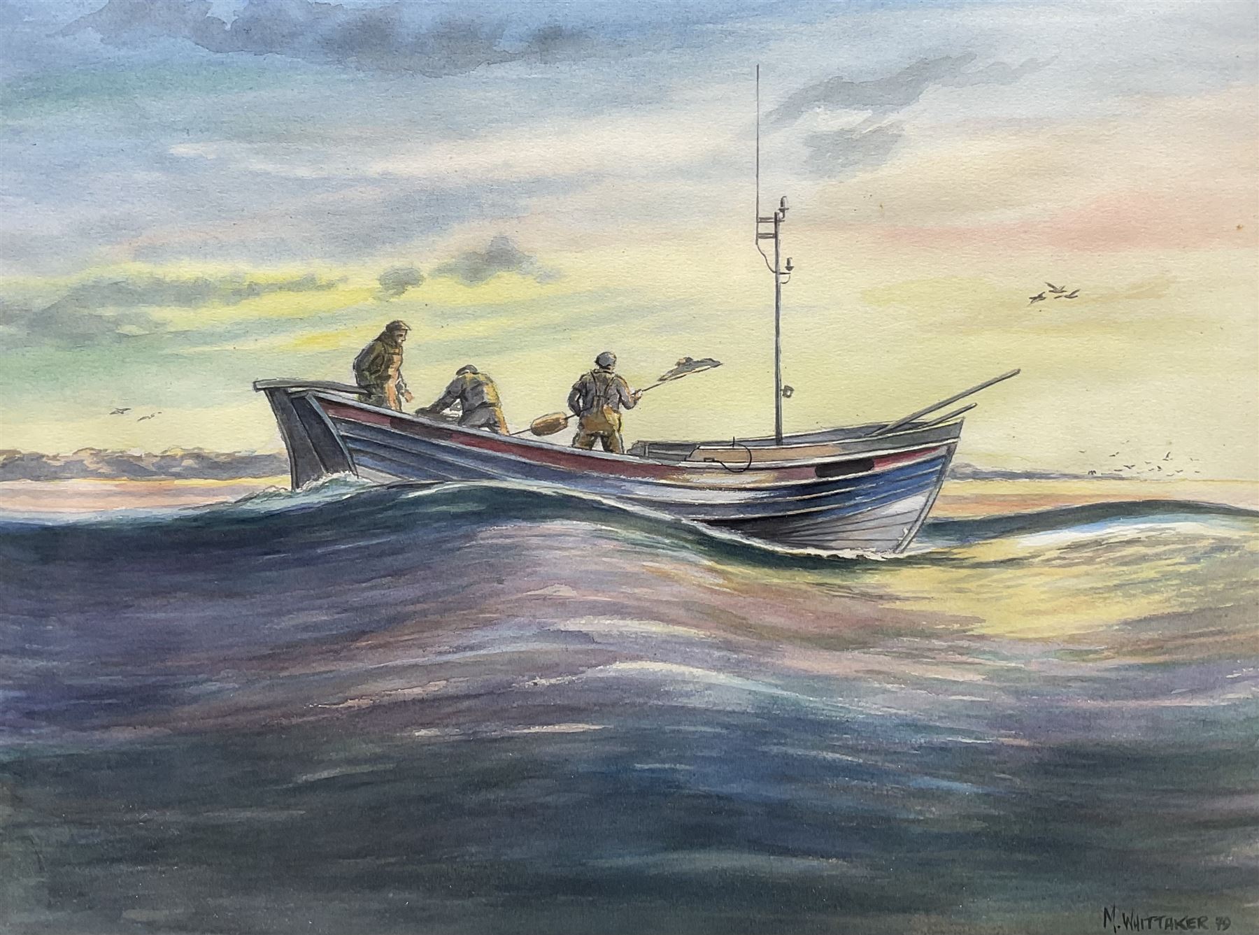 M Whittaker (British 20th Century): 'Dawn in the North Sea - A Filey Coble heads for the Fishing Grounds', watercolour signed and dated 76, titled verso 29cm x 39cm 